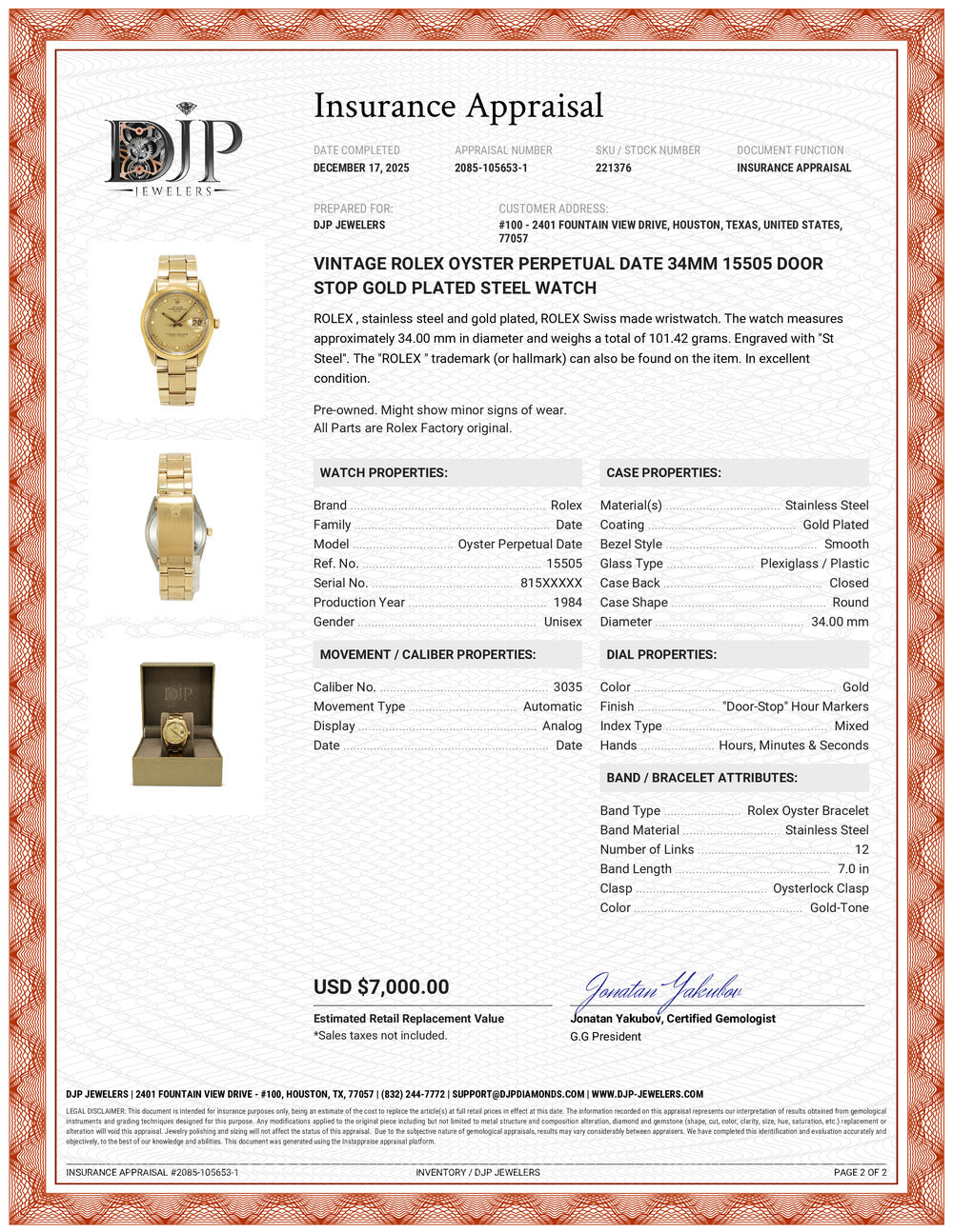 Vintage Rolex Oyster Perpetual Date 34MM 15505 Door Stop Gold Plated Steel Watch