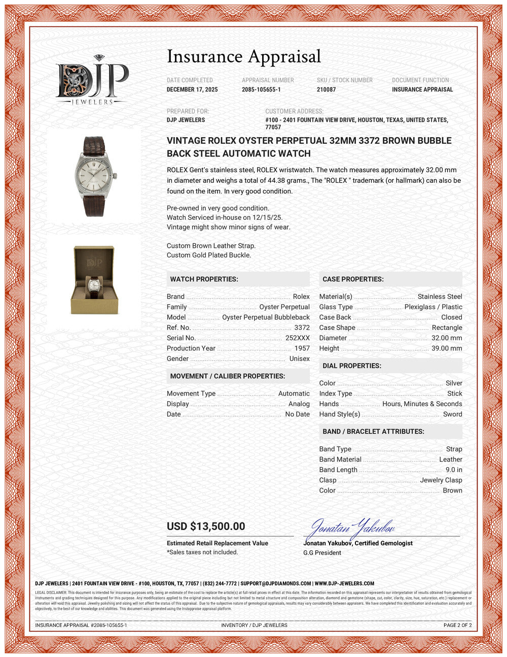 Vintage Rolex Oyster Perpetual 32MM 3372 Brown Bubble Back Steel Automatic Watch