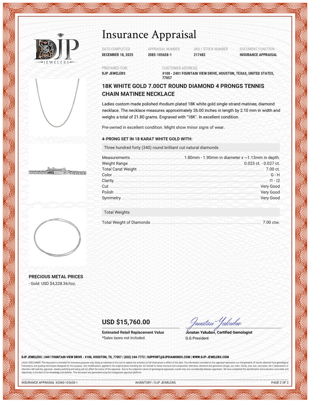 18K White Gold 7.00ct Round Diamond 4 Prongs Tennis Chain Matinee Necklace