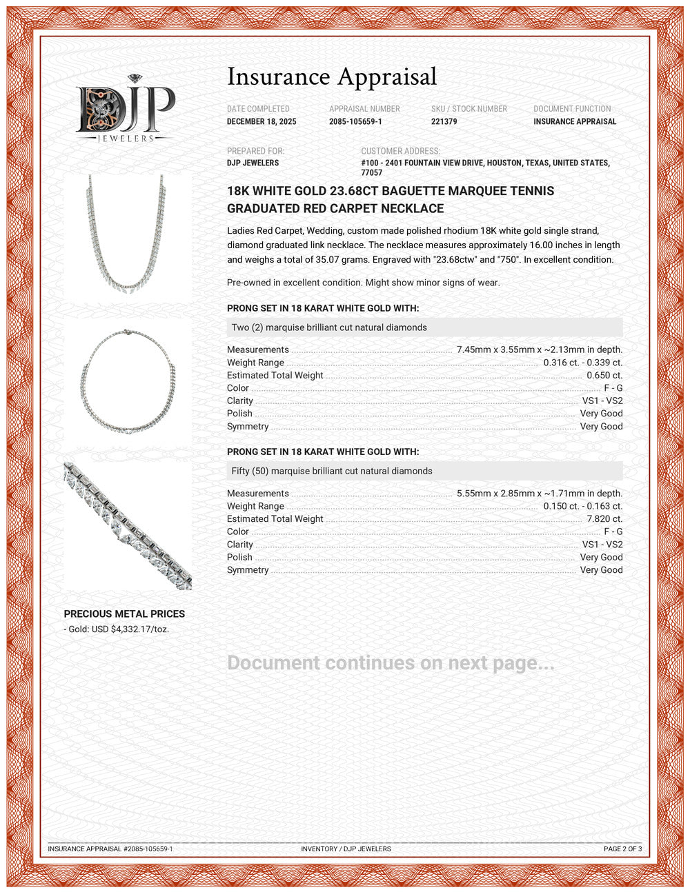 18K White Gold 23.68ct Baguette Marquee Tennis Graduated Red Carpet Necklace