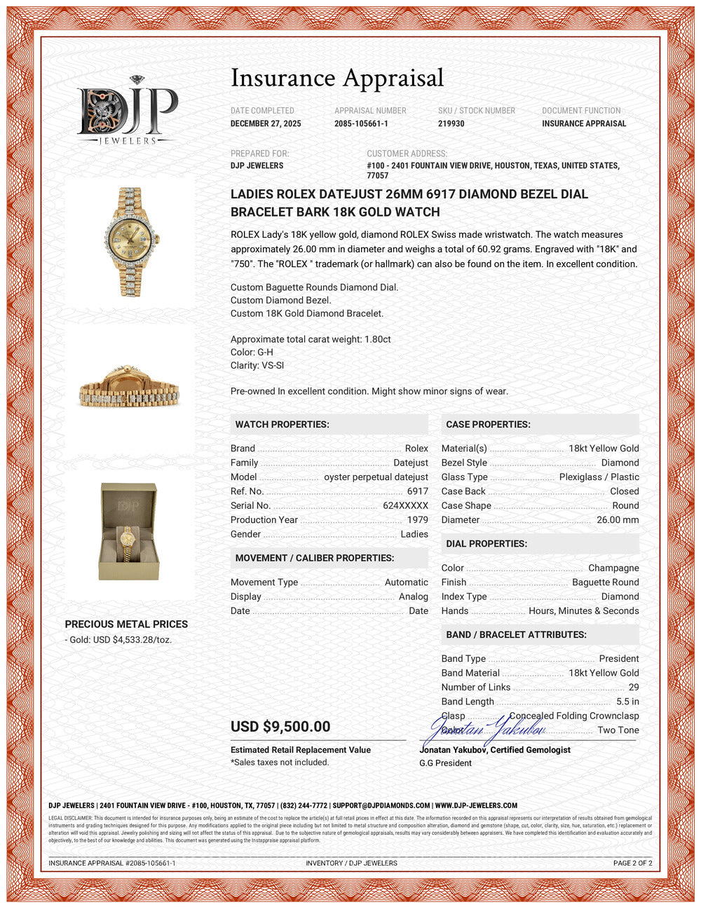 Ladies Rolex Datejust 26MM 6917 Diamond Bezel Dial Bracelet Bark 18K Gold Watch