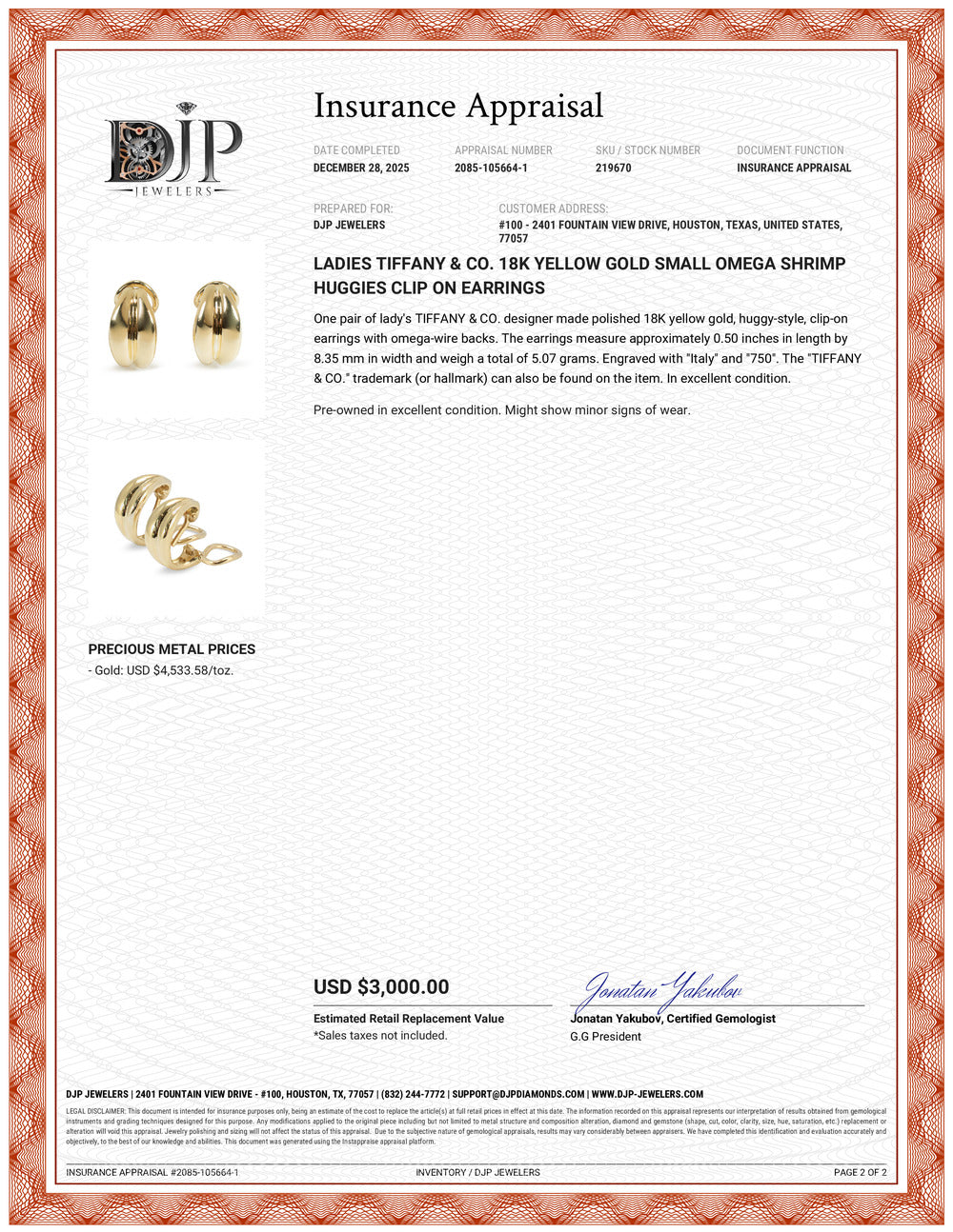 Ladies Tiffany & Co. 18K Yellow Gold Small Omega Shrimp Huggies Clip on Earrings