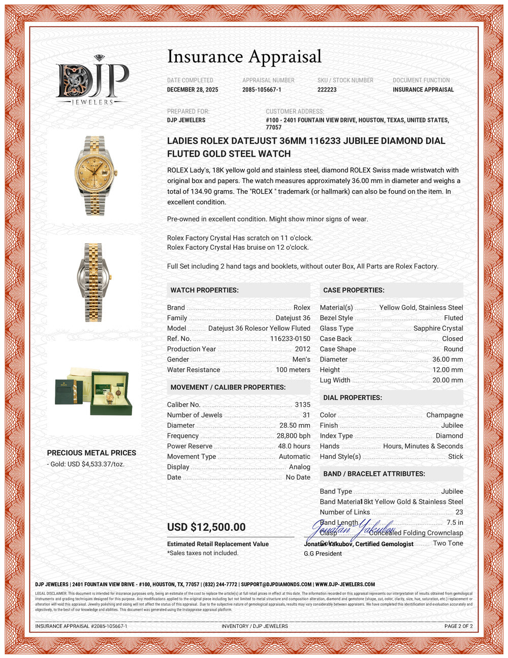 Ladies Rolex Datejust 36MM 116233 Jubilee Diamond Dial Fluted Gold Steel Watch