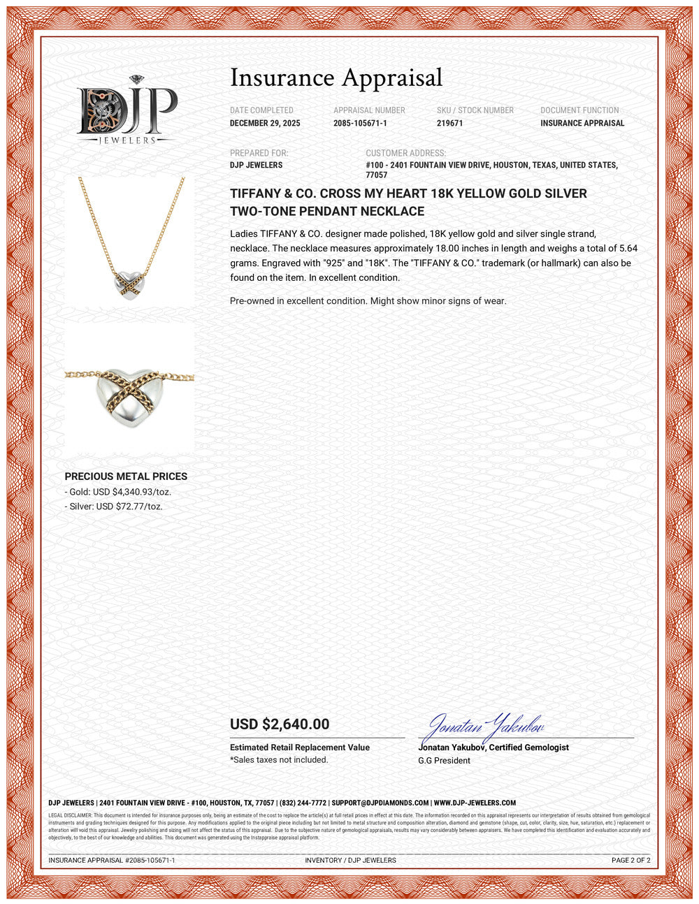 Tiffany & Co. Cross My Heart 18K Yellow Gold Silver Two-Tone Pendant Necklace