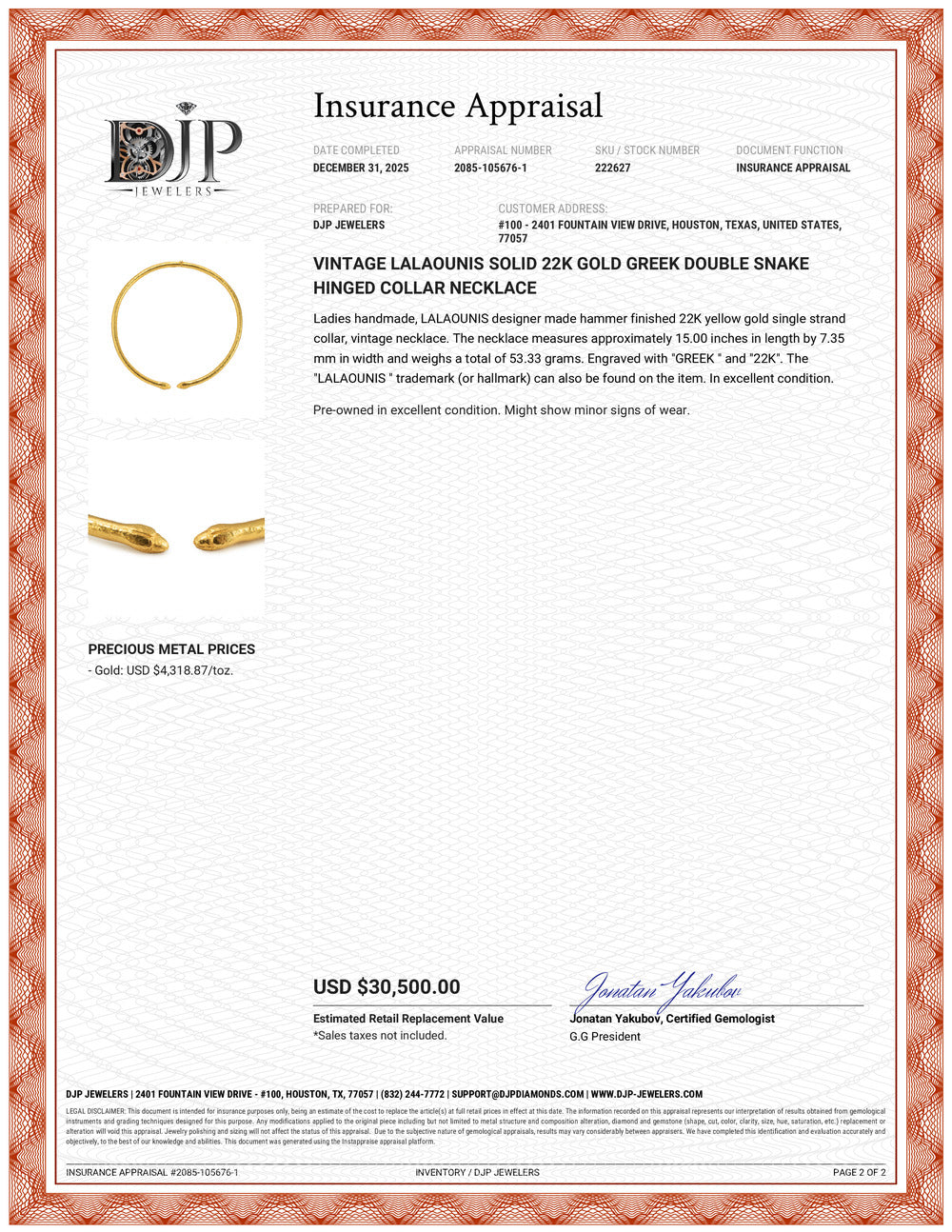 Vintage Lalaounis Solid 22K Gold Greek Double Snake Hinged Collar Necklace
