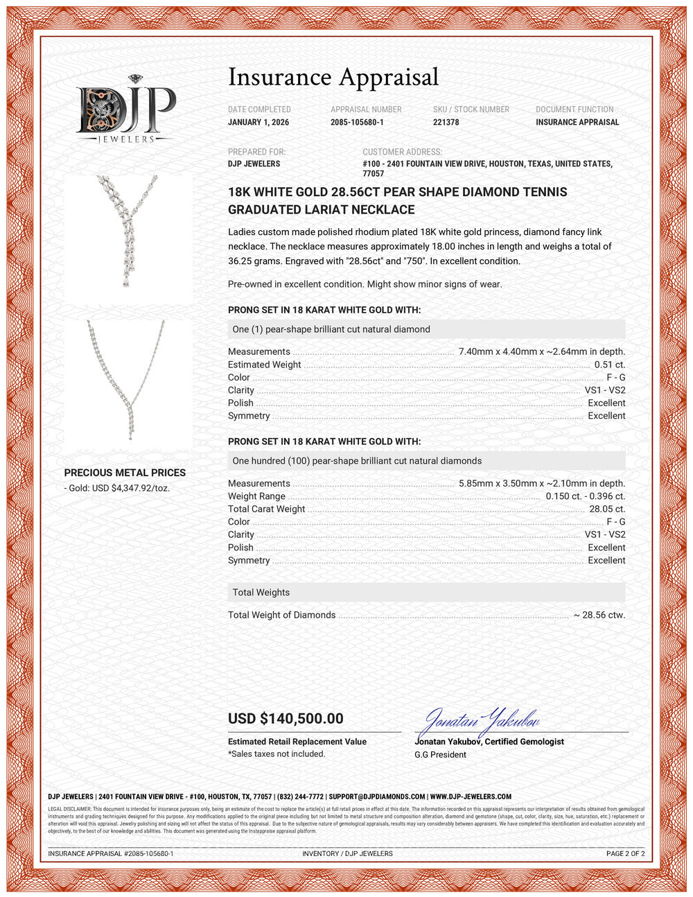 18K White Gold 28.56ct Pear Shape Diamond Tennis Graduated Lariat Necklace