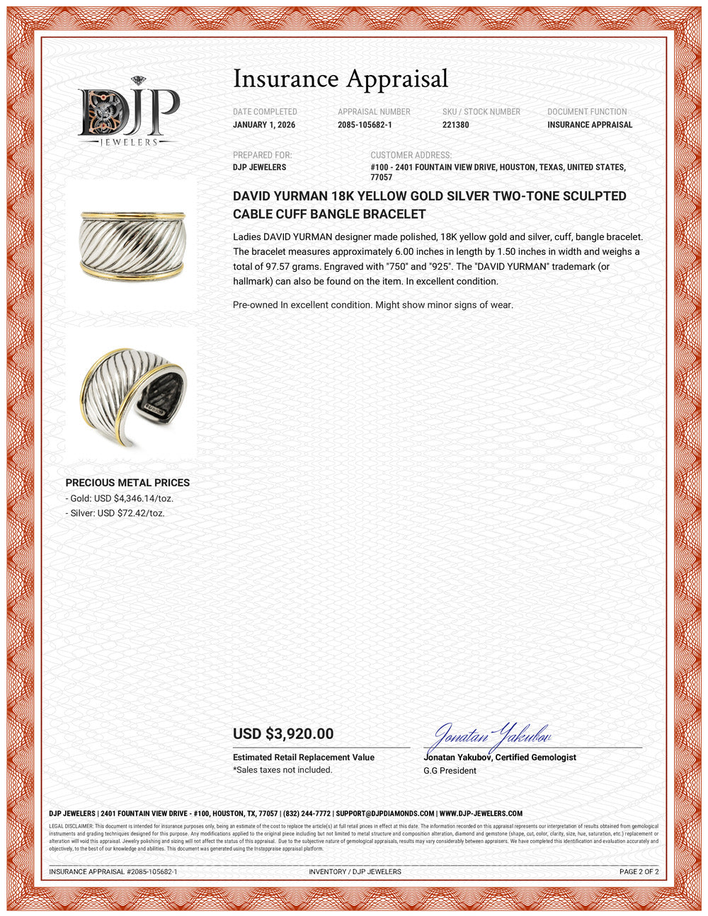 David Yurman 18K Yellow Gold Silver Two-Tone Sculpted Cable Cuff Bangle Bracelet