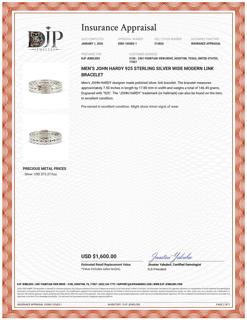 Men’s John Hardy 925 Sterling Silver Wide Modern Link Bracelet