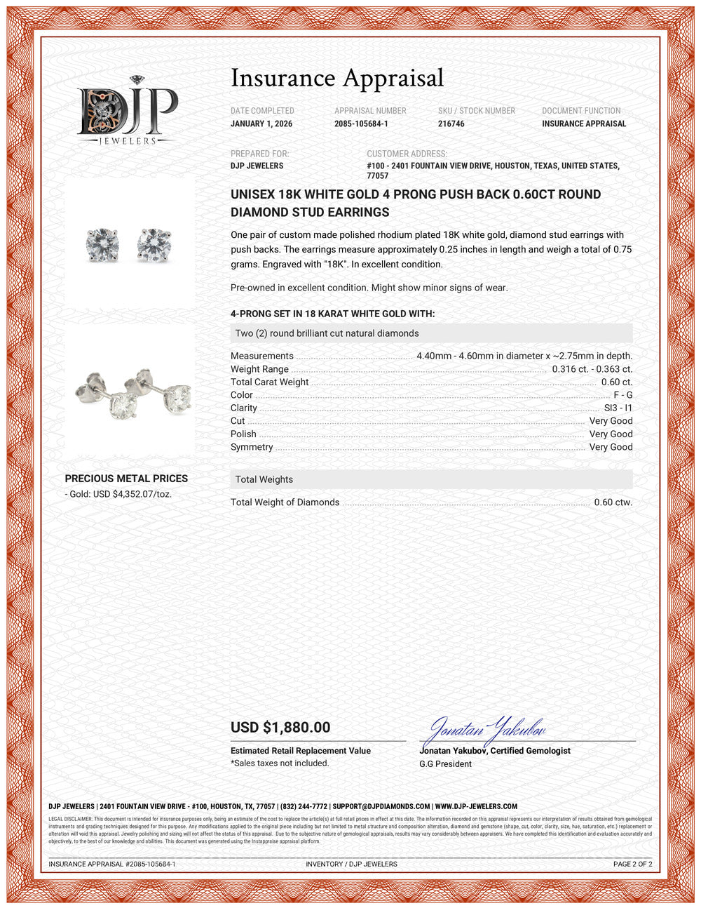 Unisex 18K White Gold 4 Prong Push Back 0.60ct Round Diamond Stud Earrings