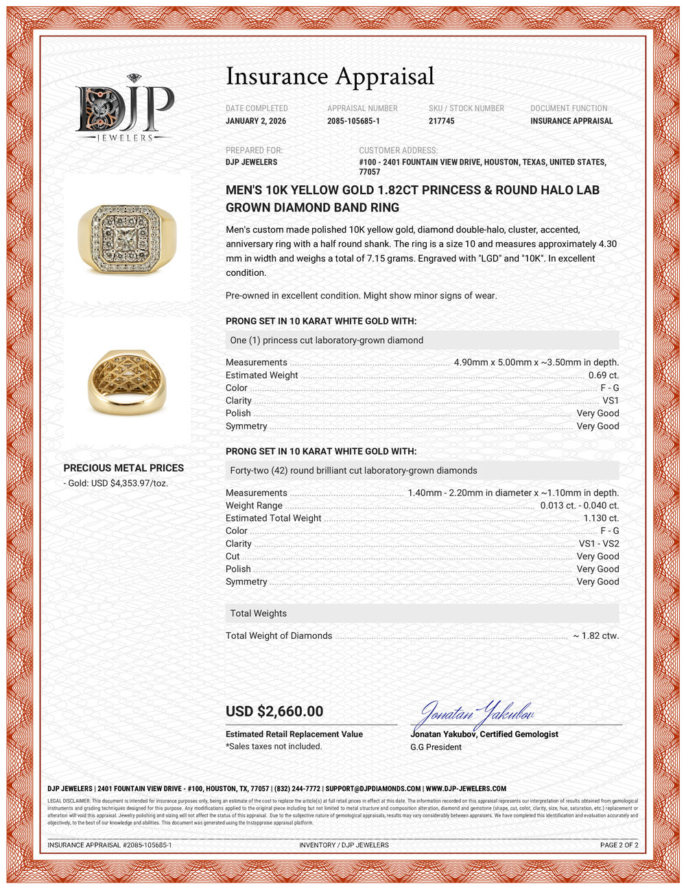 Men’s 10K Yellow Gold 1.82ct Princess & Round Halo Lab Grown Diamond Band Ring