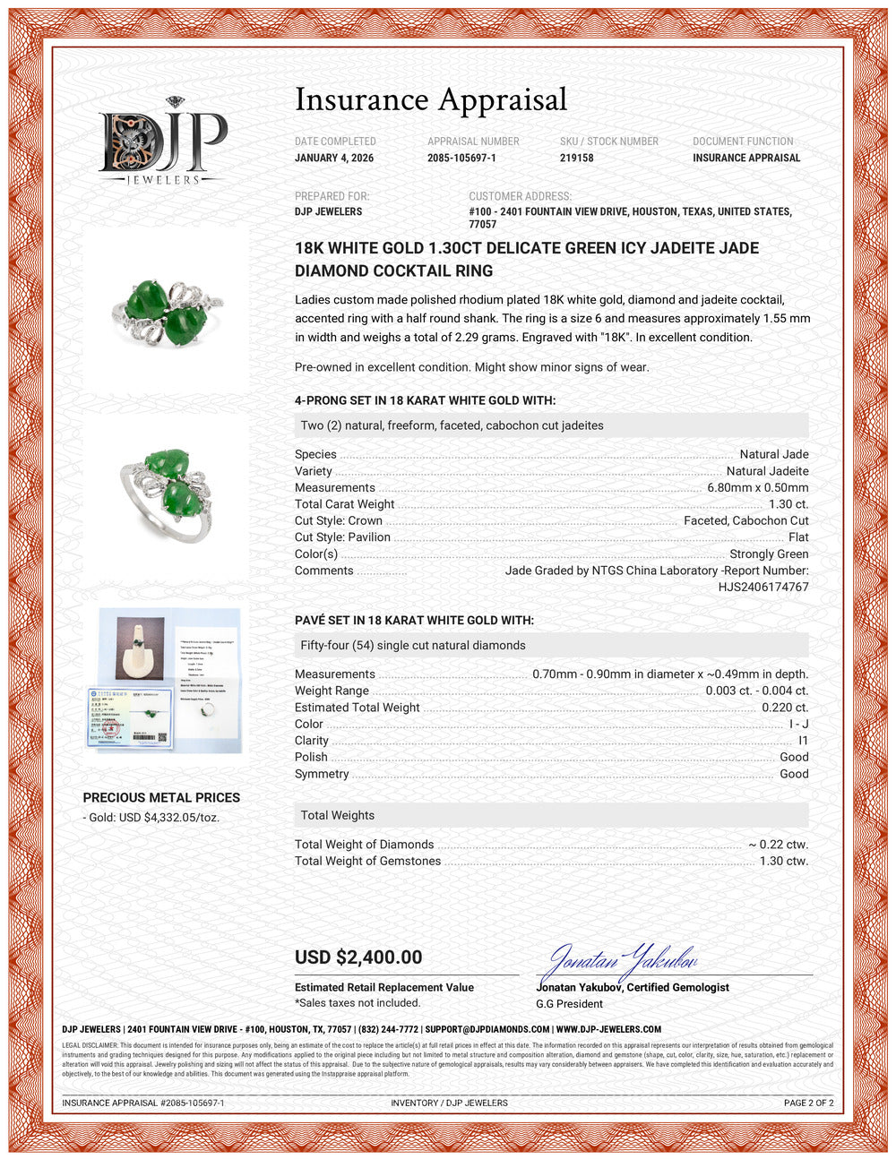 18K White Gold 1.30ct Delicate Green Icy Jadeite Jade Diamond Cocktail Ring