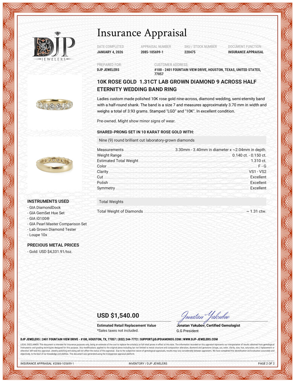 10K Rose Gold 1.31ct Lab Grown Diamond 9 Across Half Eternity Wedding Band Ring