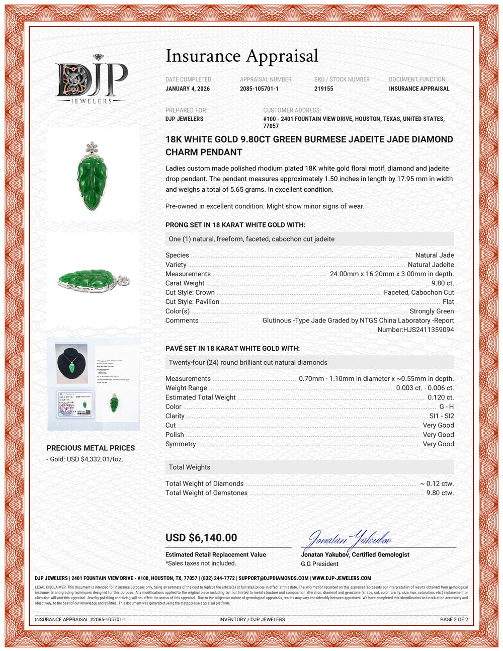 18K White Gold 9.80ct Green Burmese Jadeite Jade Diamond Charm Pendant