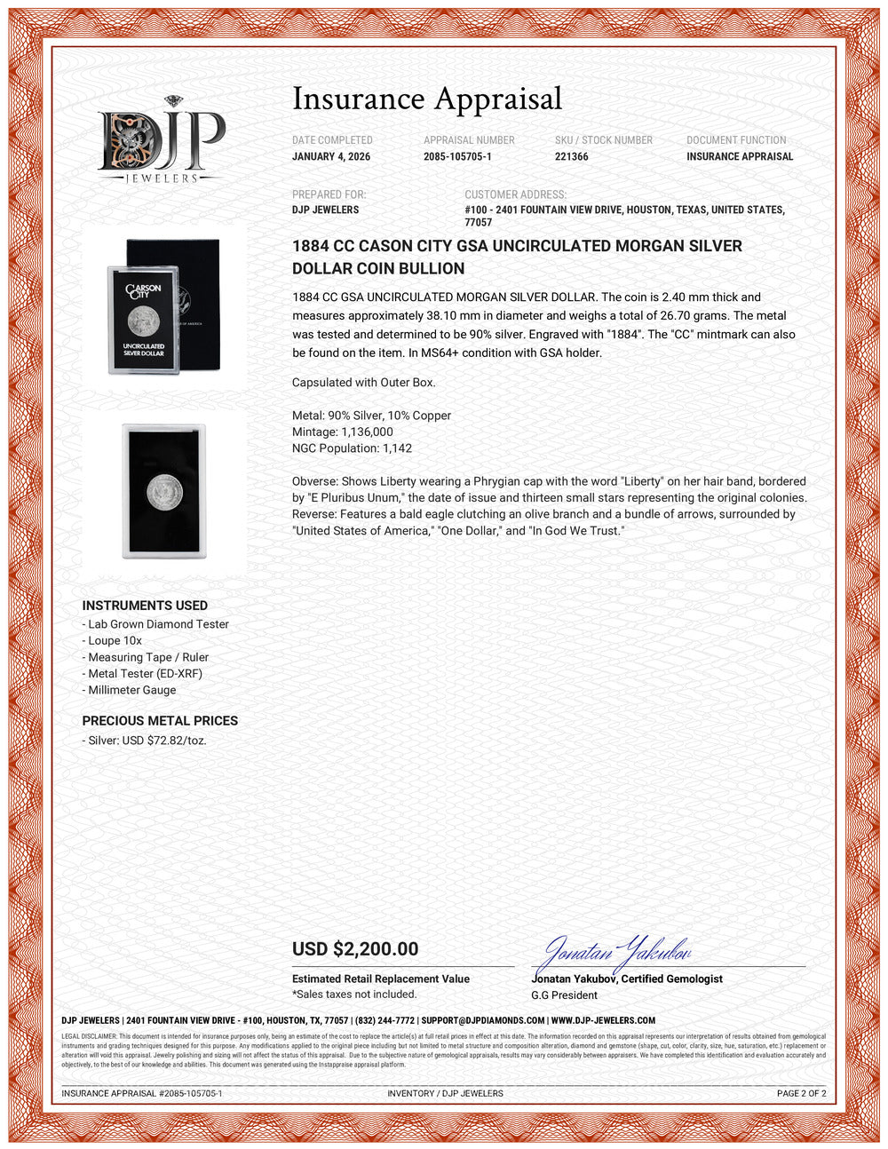 1884 CC Cason City GSA Uncirculated Morgan Silver Dollar Coin Bullion