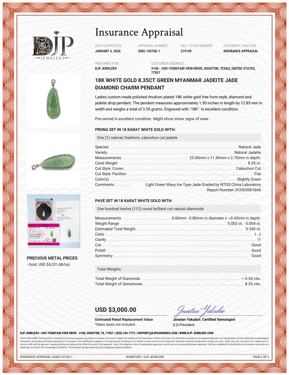 18K White Gold 8.35ct Green Myanmar Jadeite Jade Diamond Charm Pendant