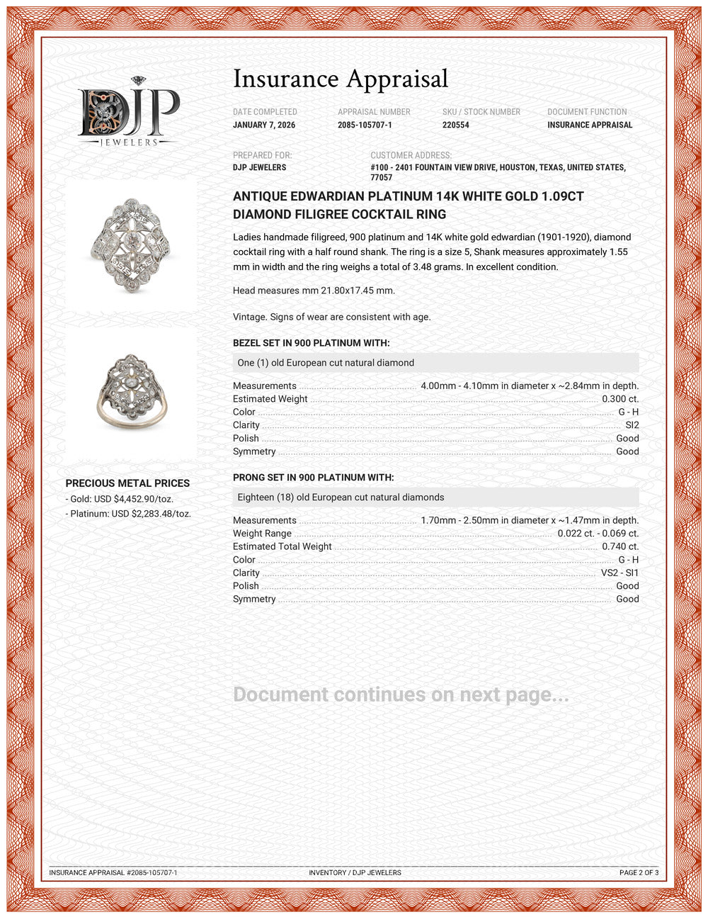 Antique Edwardian Platinum 14K White Gold 1.09ct Diamond Filigree Cocktail Ring