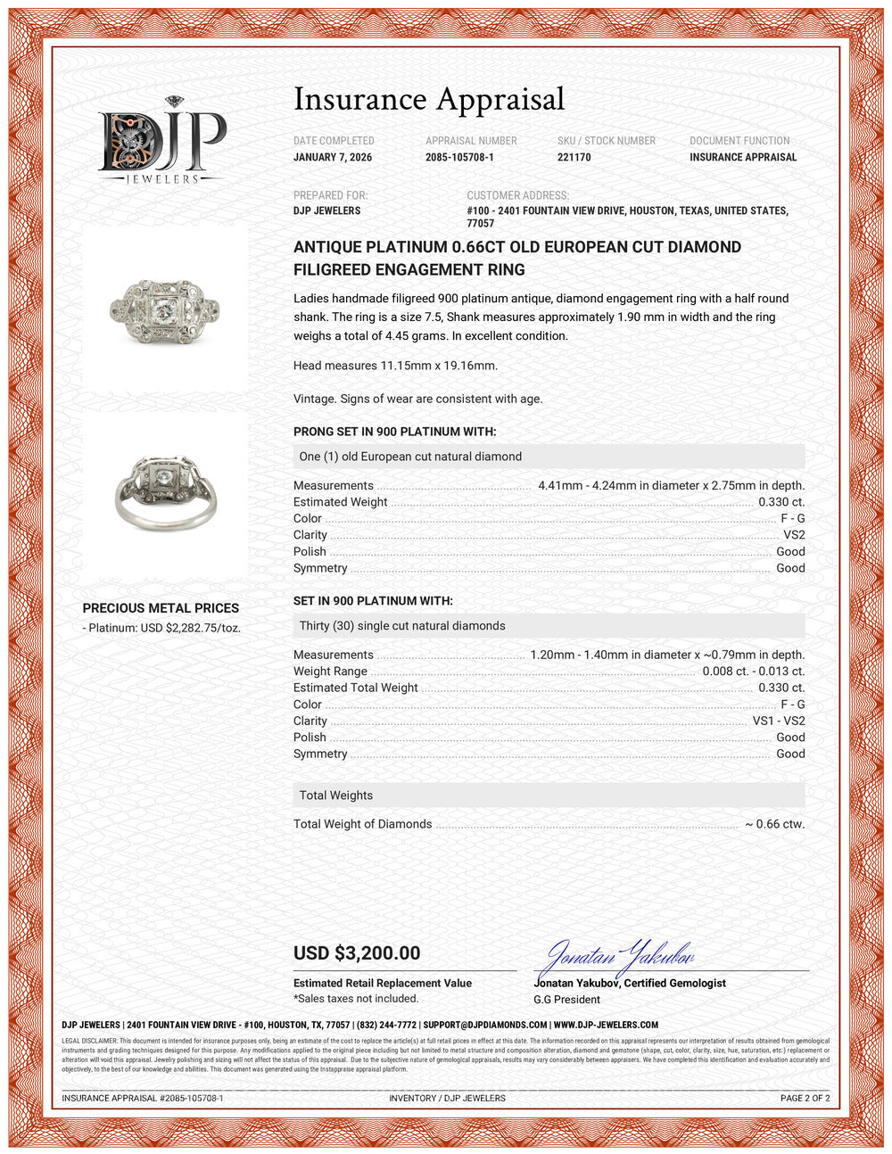 Antique Platinum 0.66ct Old European Cut Diamond Filigreed Engagement Ring