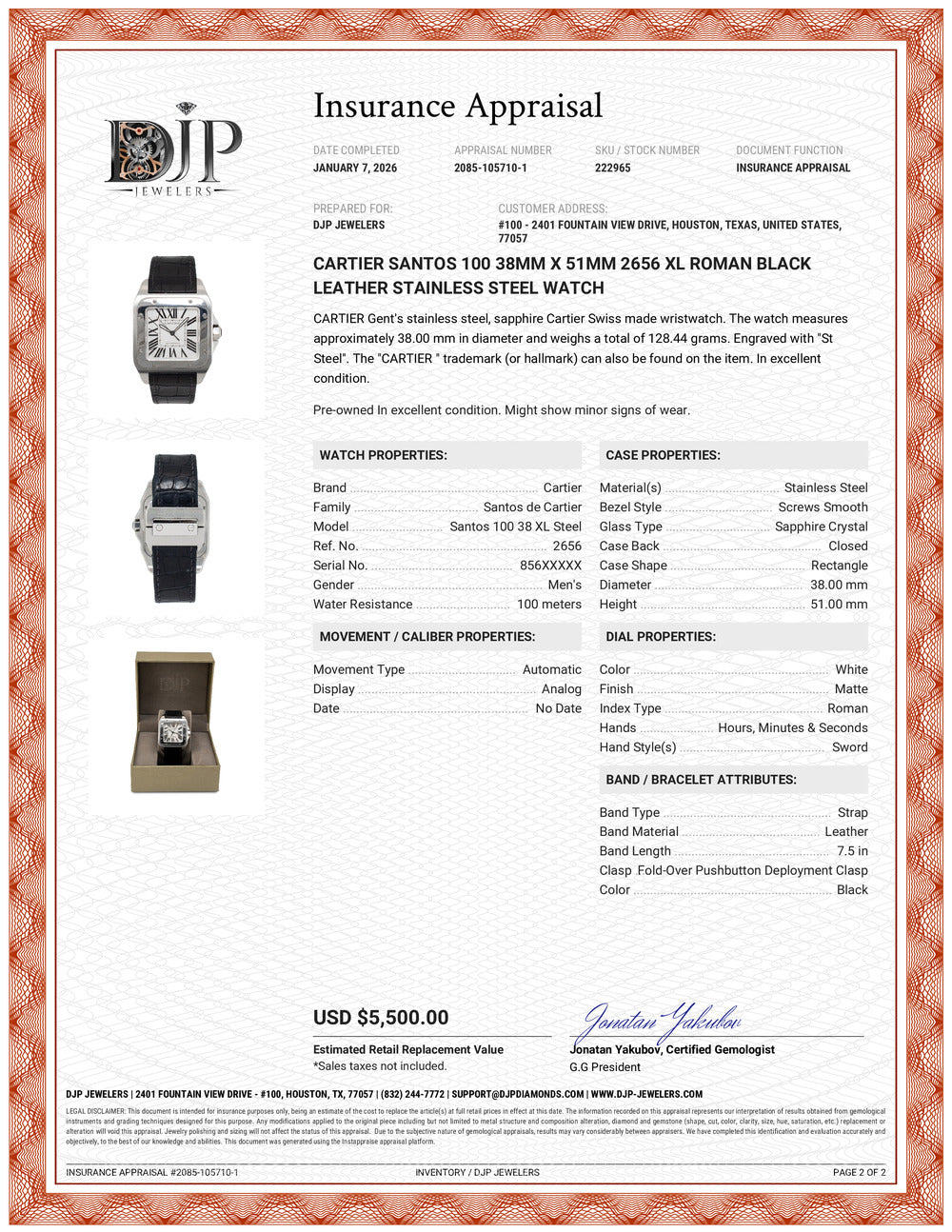 Cartier Santos 100 38MM X 51MM 2656 XL Roman Black Leather Stainless Steel Watch