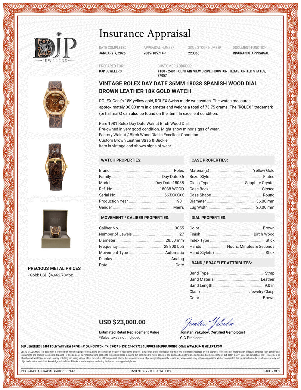 Vintage Rolex Day Date 36MM 18038 Spanish Wood Dial Brown Leather 18K Gold Watch