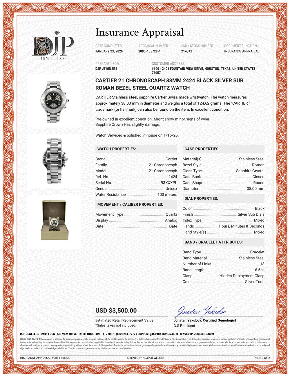 Cartier 21 Chronoscaph 38MM 2424 Black Silver Sub Roman Bezel Steel Quartz Watch