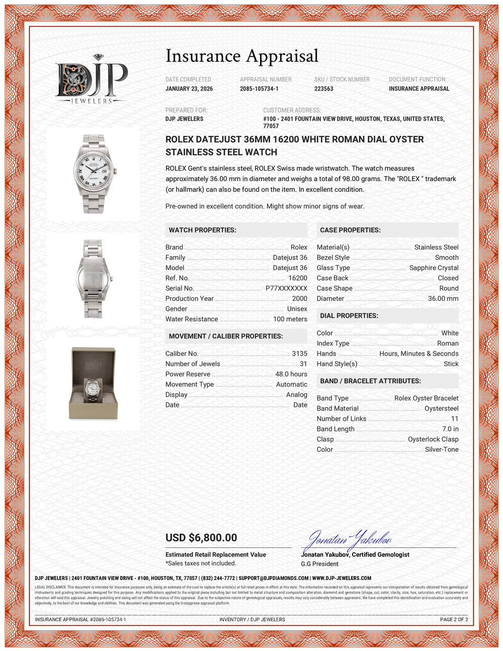 Rolex Datejust 36MM 16200 White Roman Dial Oyster Stainless Steel Watch