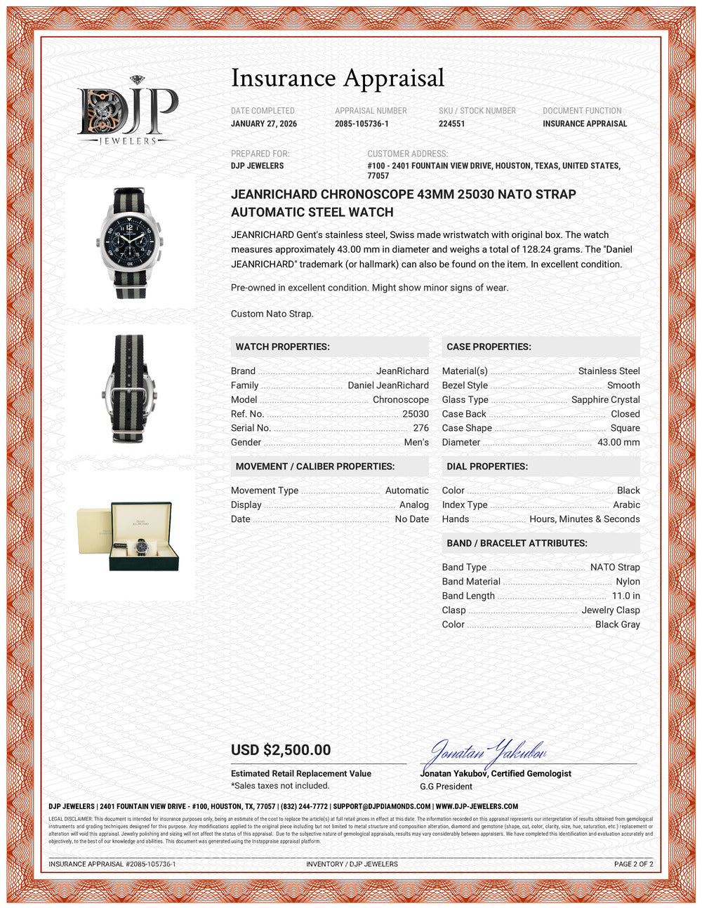 Jeanrichard Chronoscope 43MM 25030 NATO Strap Automatic Steel Watch