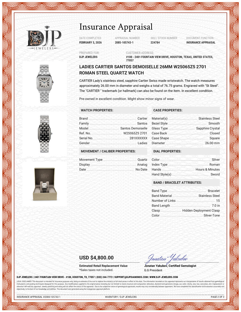 Ladies Cartier Santos Demoiselle 26MM w25065z5 2701 Roman Steel Quartz Watch