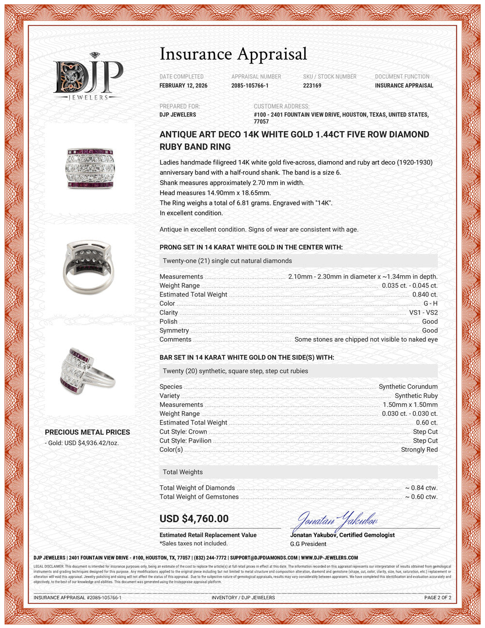 Antique Art Deco 14K White Gold 1.44ct Five Row Diamond Ruby Band Ring