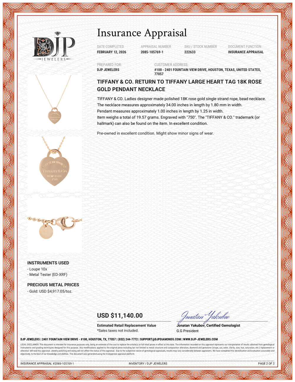 Tiffany & Co. Return to Tiffany Large Heart Tag 18K Rose Gold Pendant Necklace
