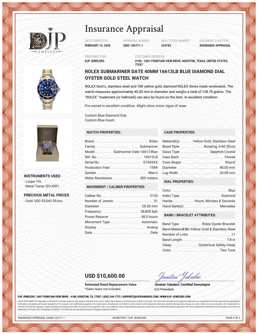 Rolex Submariner Date 40MM 16613LB Blue Diamond Dial Oyster Gold Steel Watch