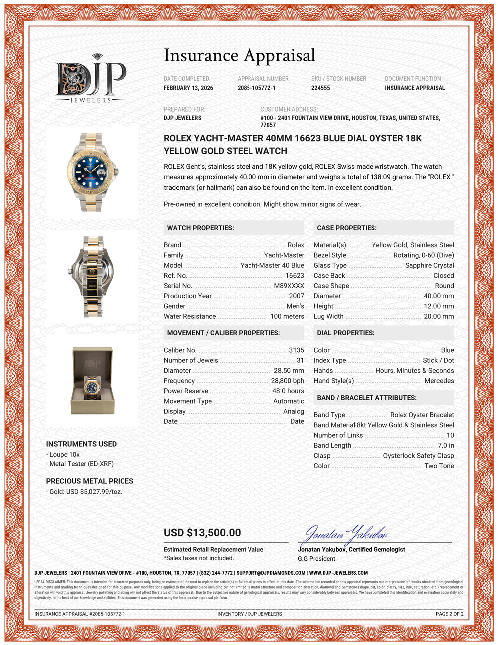 Rolex Yacht-Master 40MM 16623 Blue Dial Oyster 18K Yellow Gold Steel Watch