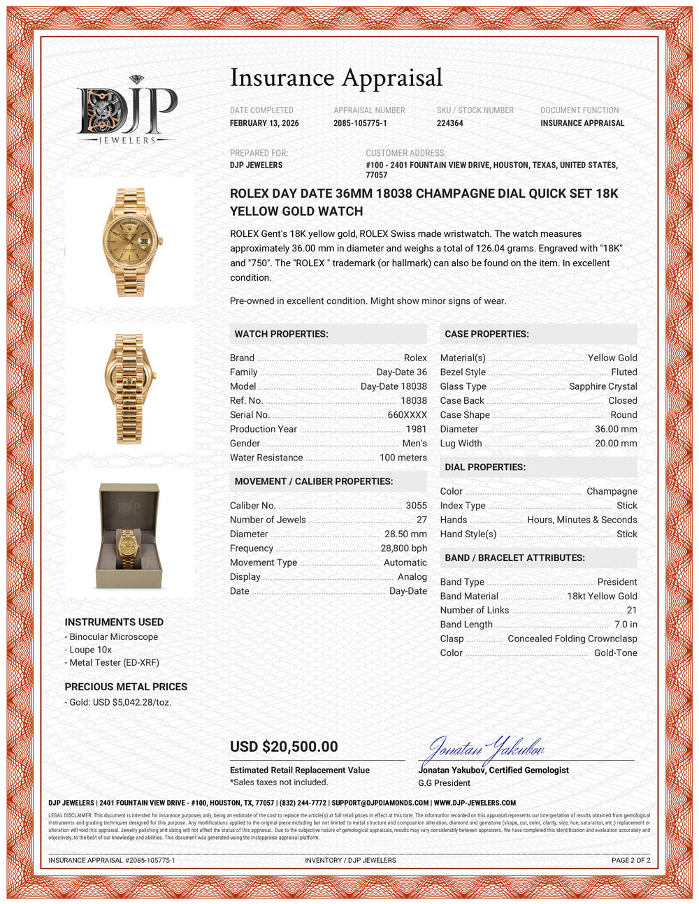 Rolex Day Date 36MM 18038 Champagne Dial Quick Set 18K Yellow Gold Watch