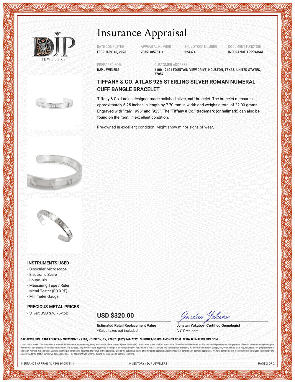 Tiffany & Co. Atlas 925 Sterling Silver Roman Numeral Cuff Bangle Bracelet