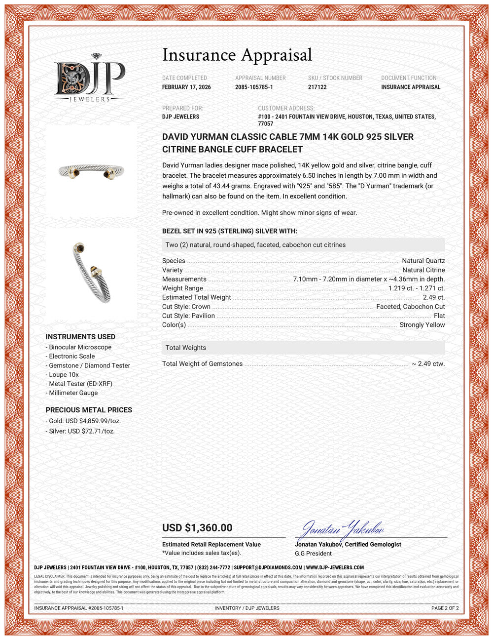 David Yurman Classic Cable 7MM 14K Gold 925 Silver Citrine Bangle Cuff Bracelet