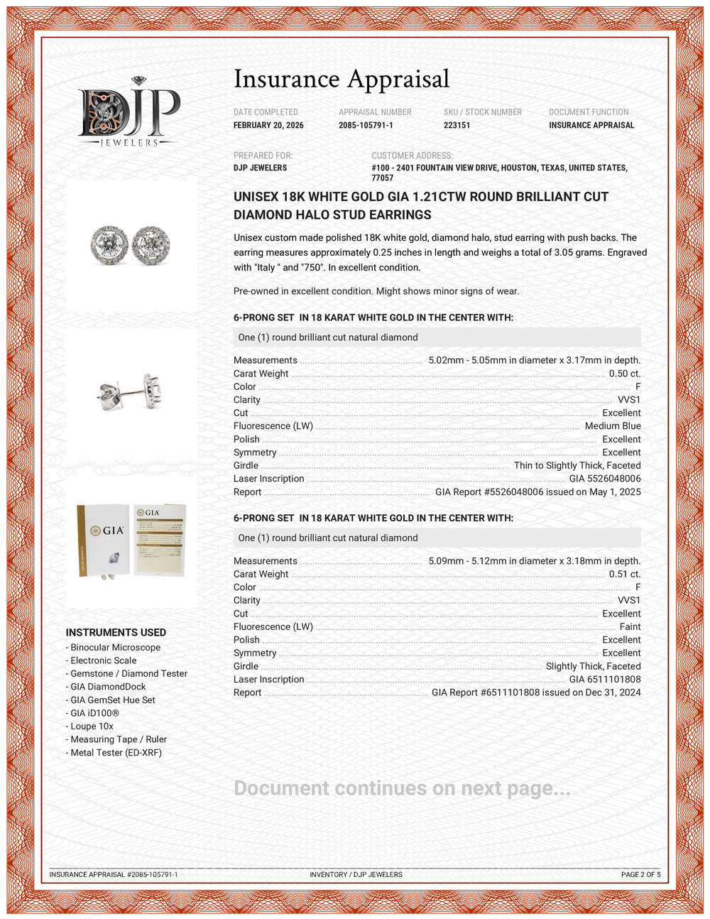 Unisex 18K White Gold GIA 1.21ctw Round Brilliant Cut Diamond Halo Stud Earrings