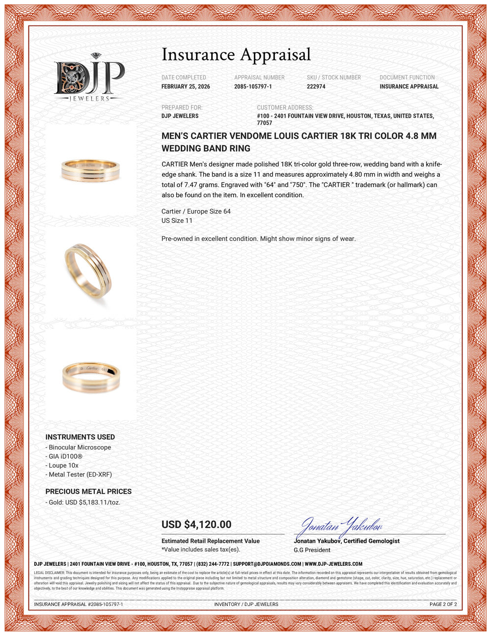 Men’s Cartier Vendome Louis Cartier 18K Tri Color 4.8 MM Wedding Band Ring