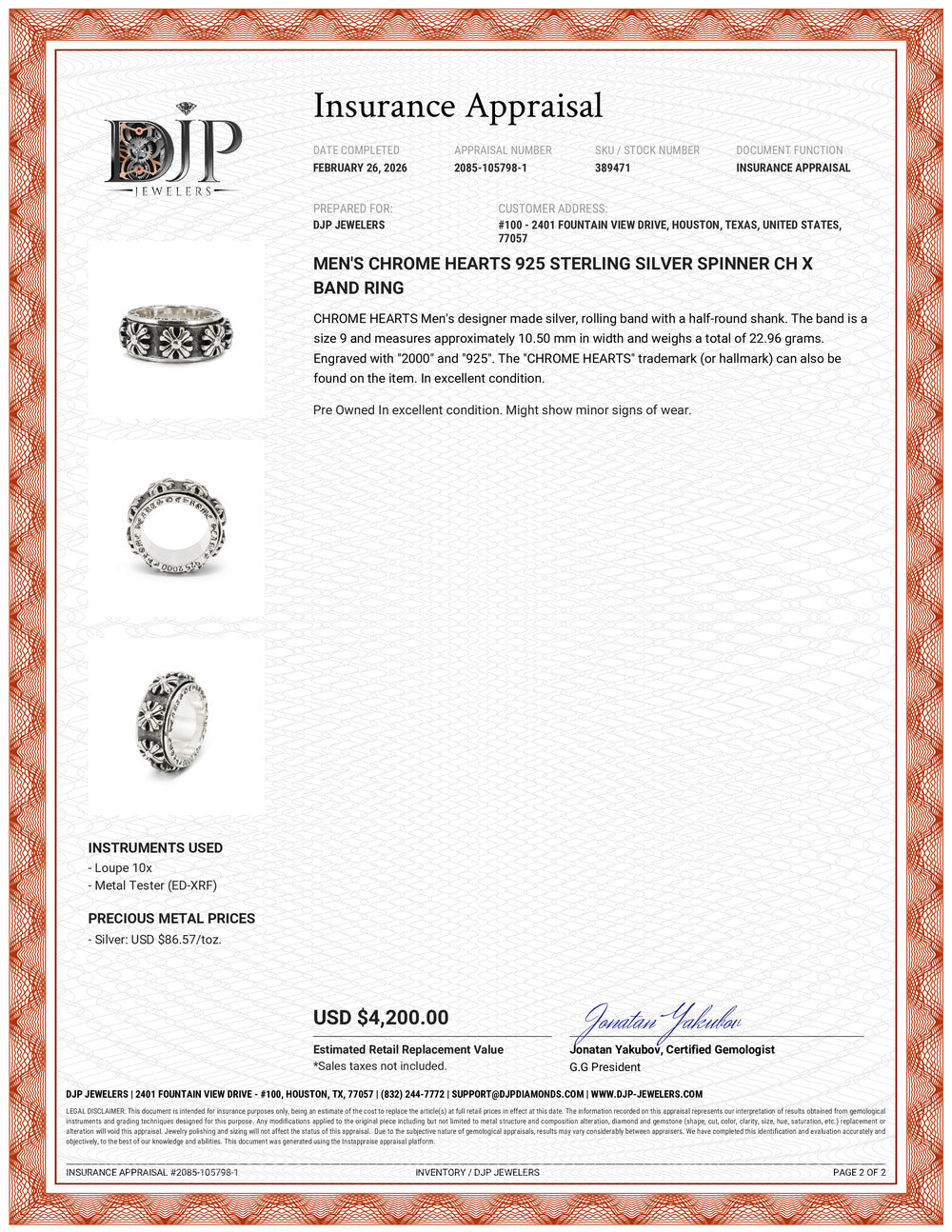 Men’s Chrome Hearts 925 Sterling Silver Spinner CH X Band Ring