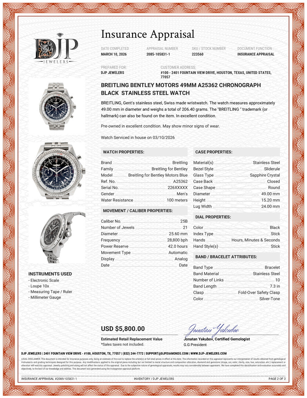 Breitling Bentley Motors 49MM A25362 Chronograph Black Stainless Steel Watch