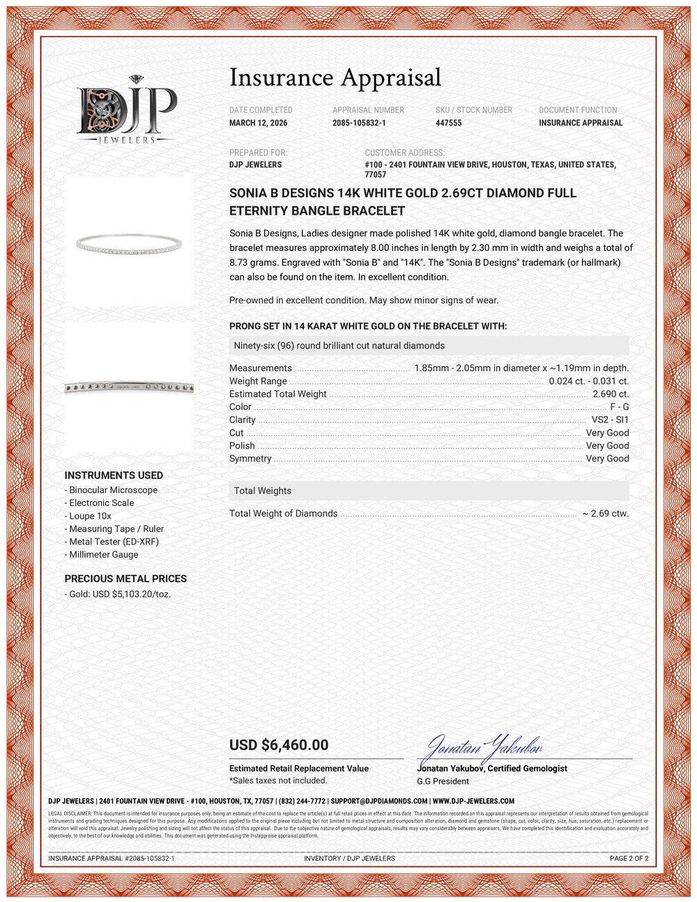 Sonia B Designs 14K White Gold 2.69ct Diamond Full Eternity Bangle Bracelet