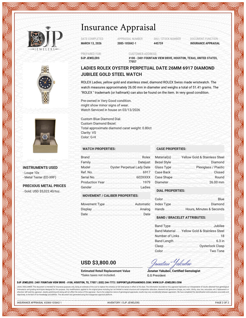Ladies Rolex Oyster Perpetual Date 26MM 6917 Diamond Jubilee Gold Steel Watch