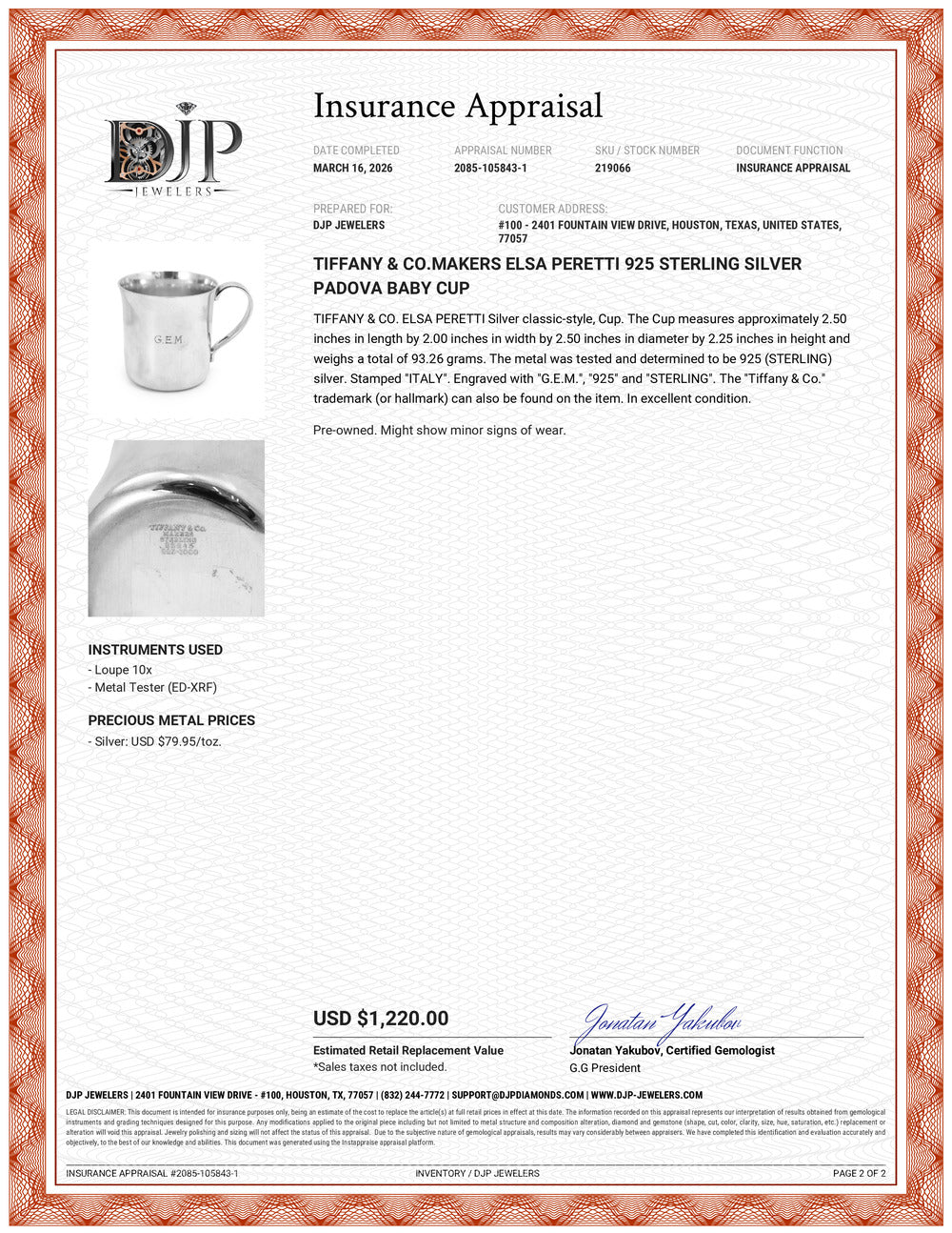 Tiffany & Co. Makers Elsa Peretti 925 Sterling Silver Padova Baby Cup