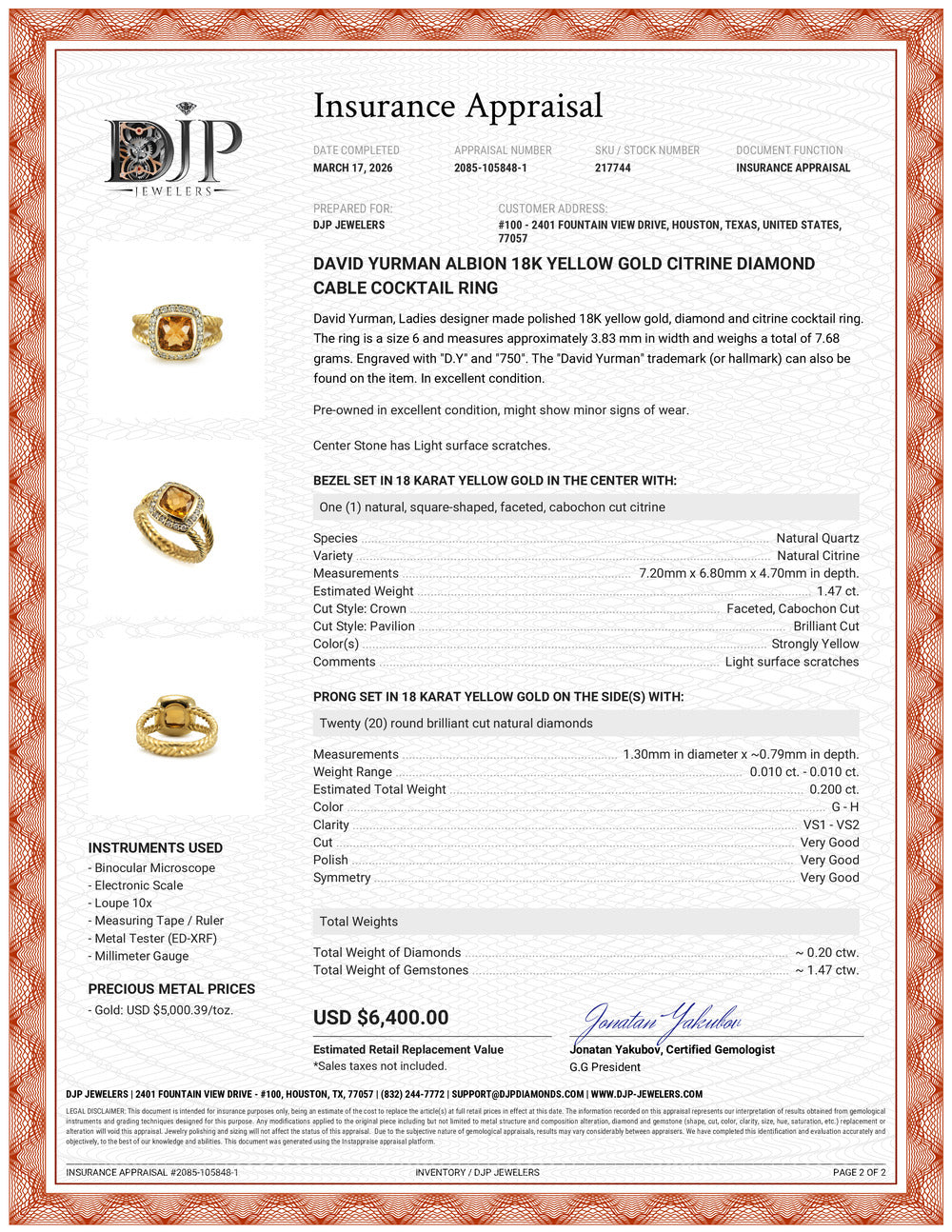 David Yurman Albion 18K Yellow Gold Citrine Diamond Cable Cocktail Ring