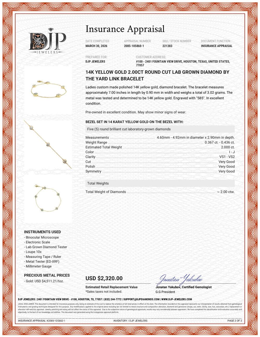 14K Yellow Gold 2.00ct Round Cut Lab Grown Diamond by the Yard Link Bracelet