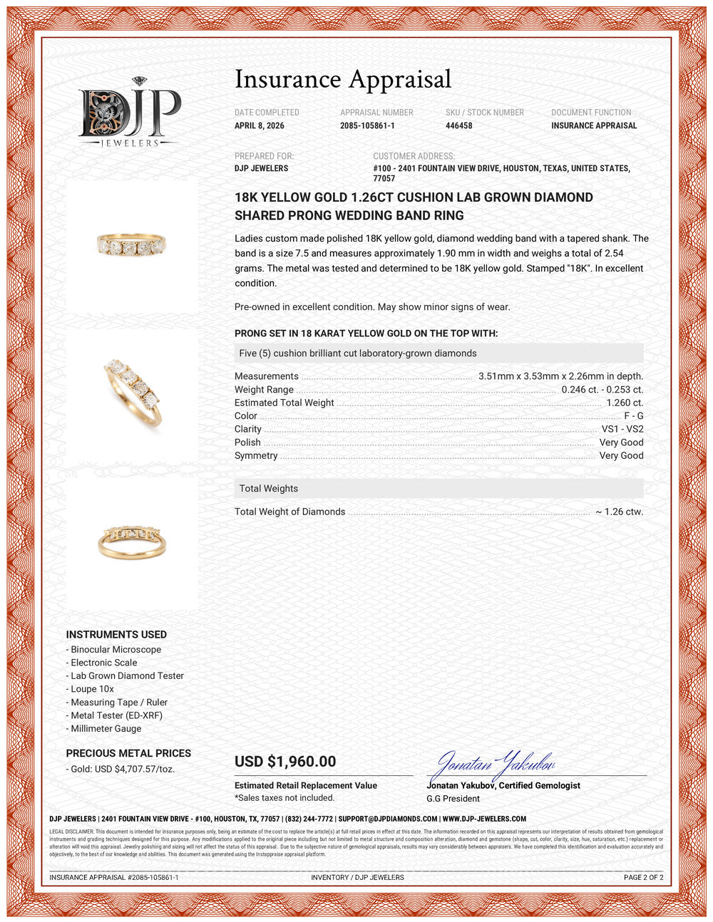 18K Yellow Gold 1.26ct Cushion Lab Grown Diamond Shared Prong Wedding Band Ring