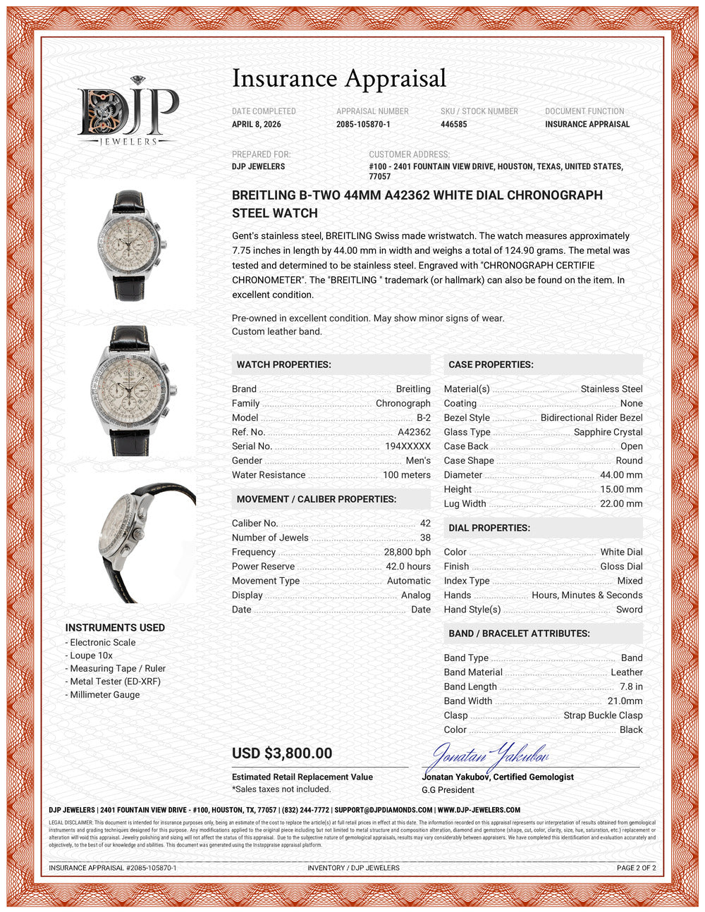 Breitling B-Two 44MM A42362 White Dial Chronograph Steel Watch