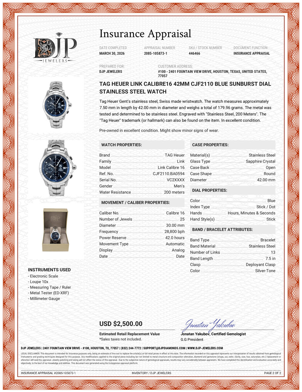 Tag Heuer Link CALIBRE16 42MM CJF2110 Blue Sunburst Dial Stainless Steel Watch