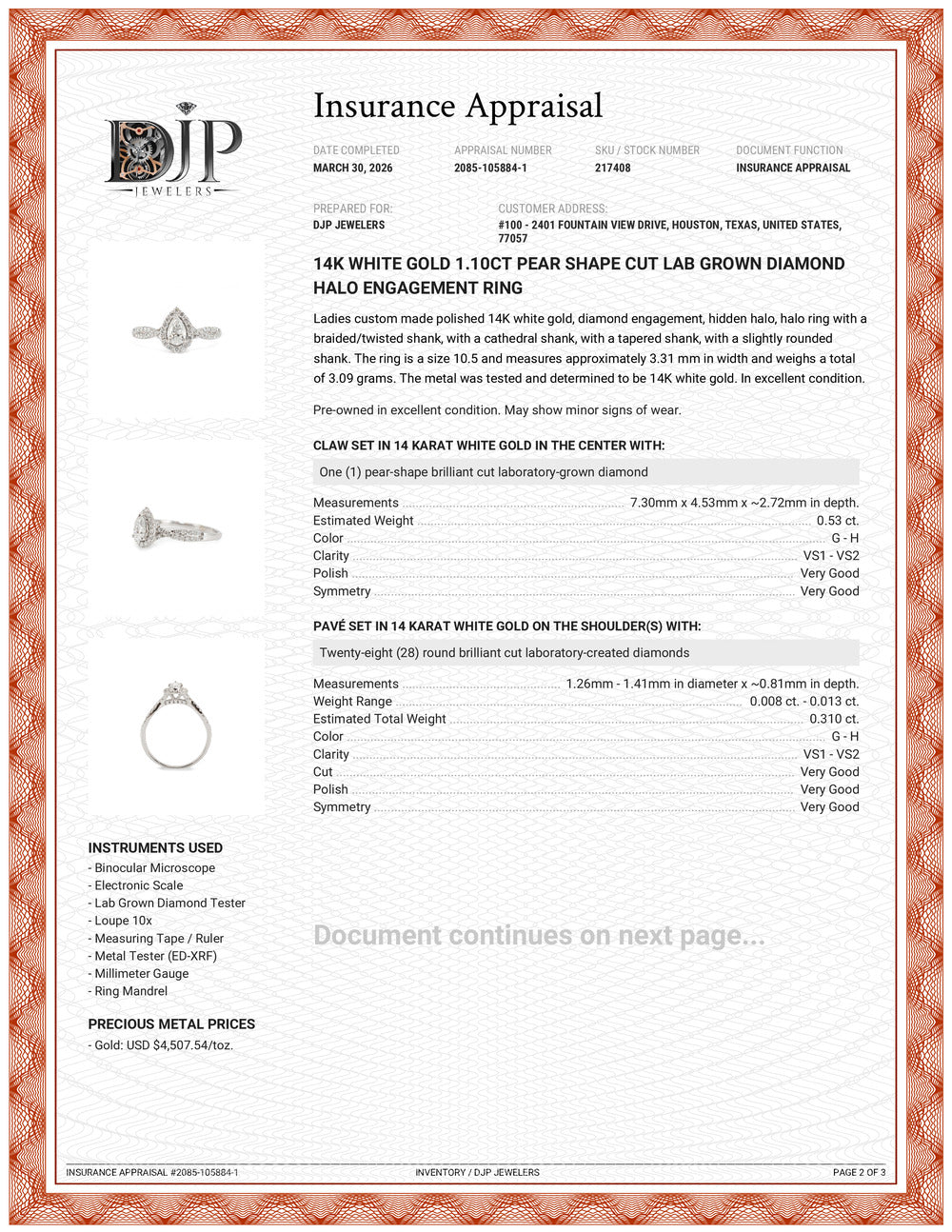 14K White Gold 1.10ct Pear Shape Cut Lab Grown Diamond Halo Engagement Ring