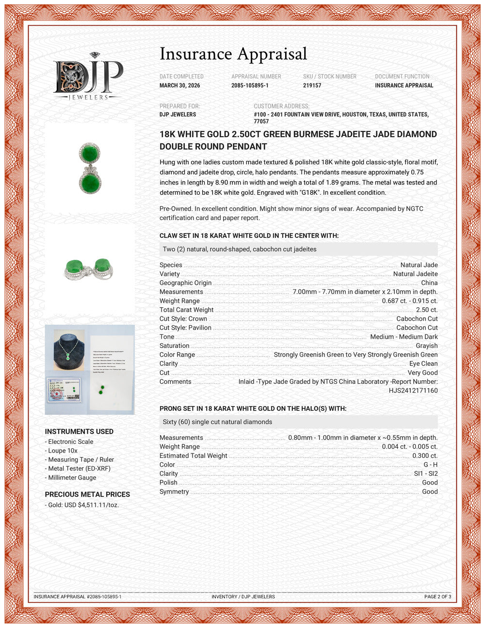 18K White Gold 2.50ct Green Burmese Jadeite Jade Diamond Double Round Pendant
