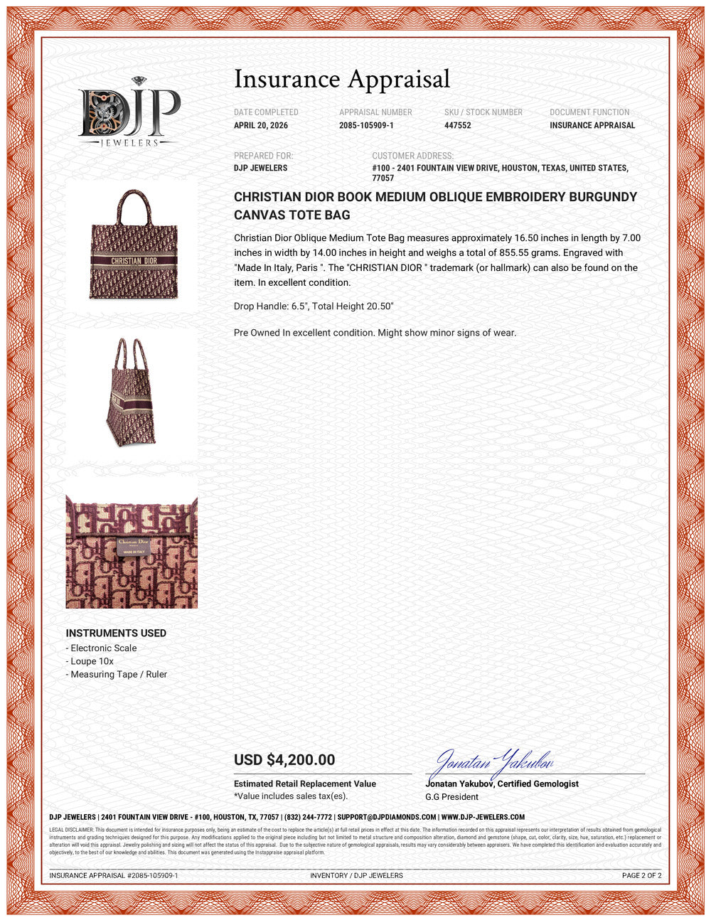 Christian Dior Book Medium Oblique Embroidery Burgundy Canvas Tote Bag