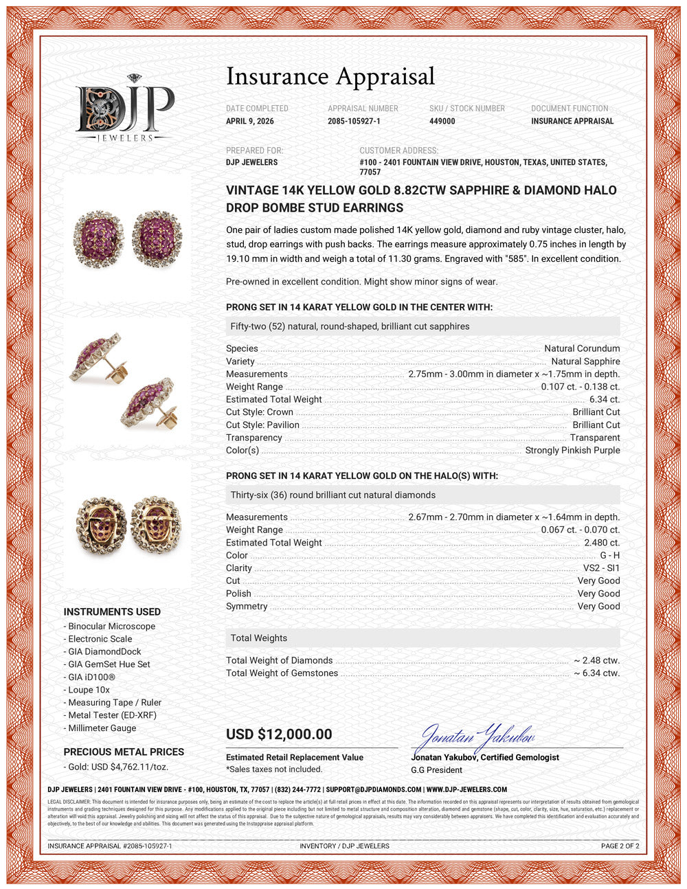 Vintage 14K Yellow Gold 8.82ctw Sapphire & Diamond Halo Drop Bombe Stud Earrings